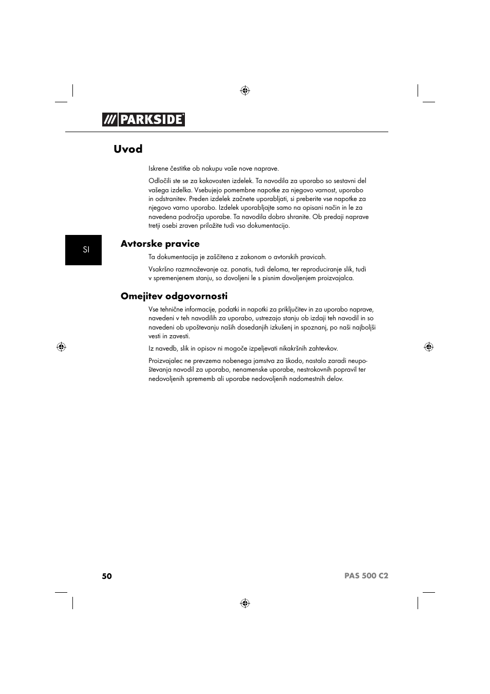 Uvod, Avtorske pravice, Omejitev odgovornosti | Parkside PAS 500 C2 User Manual | Page 53 / 116