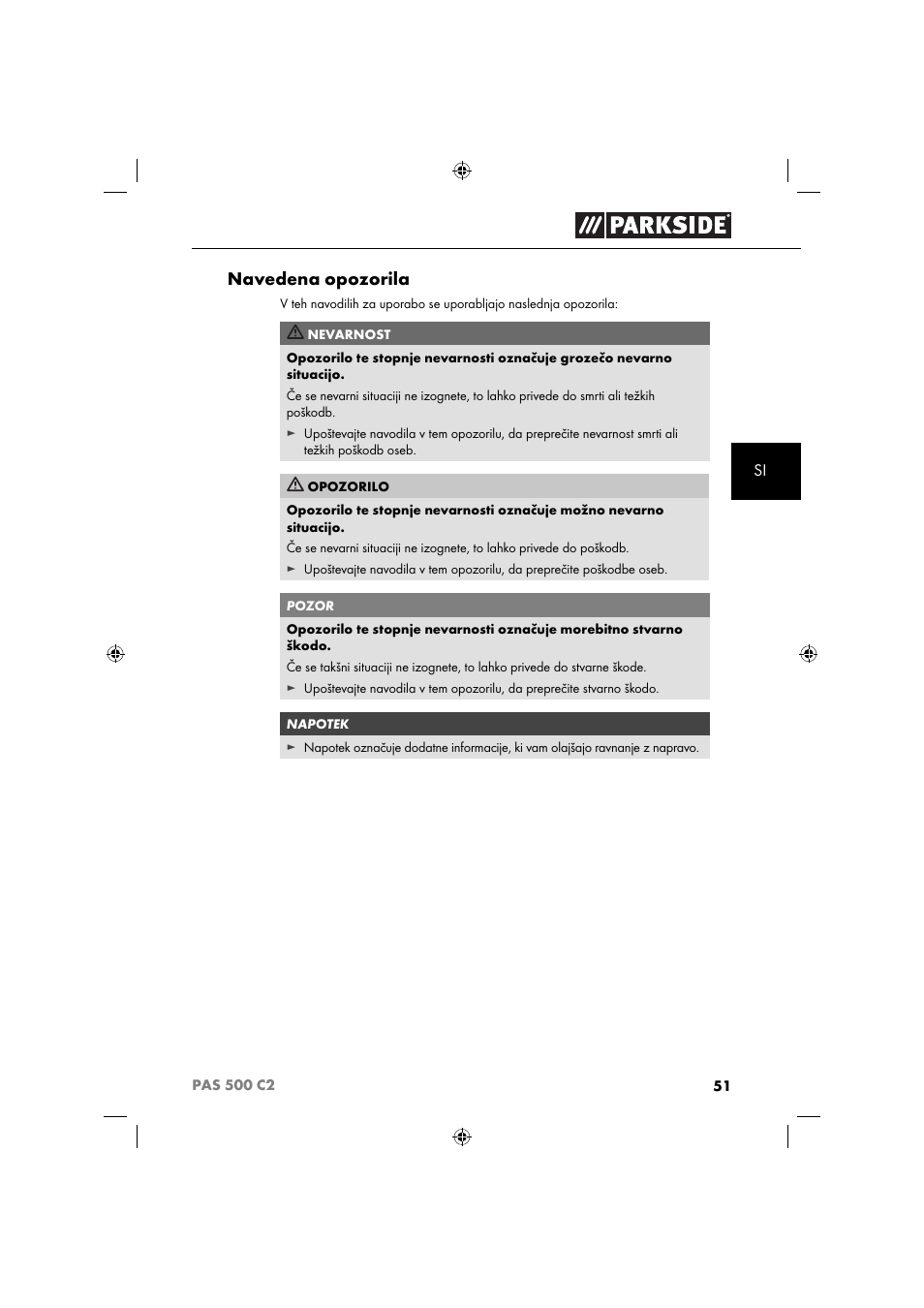 Navedena opozorila | Parkside PAS 500 C2 User Manual | Page 54 / 116