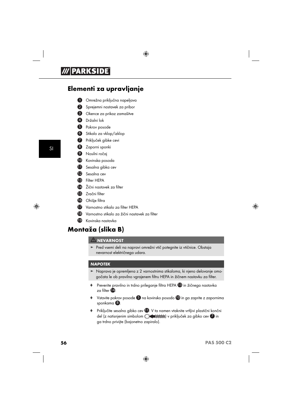 Elementi za upravljanje, Montaža (slika b) | Parkside PAS 500 C2 User Manual | Page 59 / 116