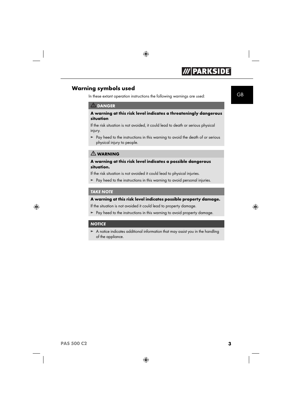 Warning symbols used | Parkside PAS 500 C2 User Manual | Page 6 / 116