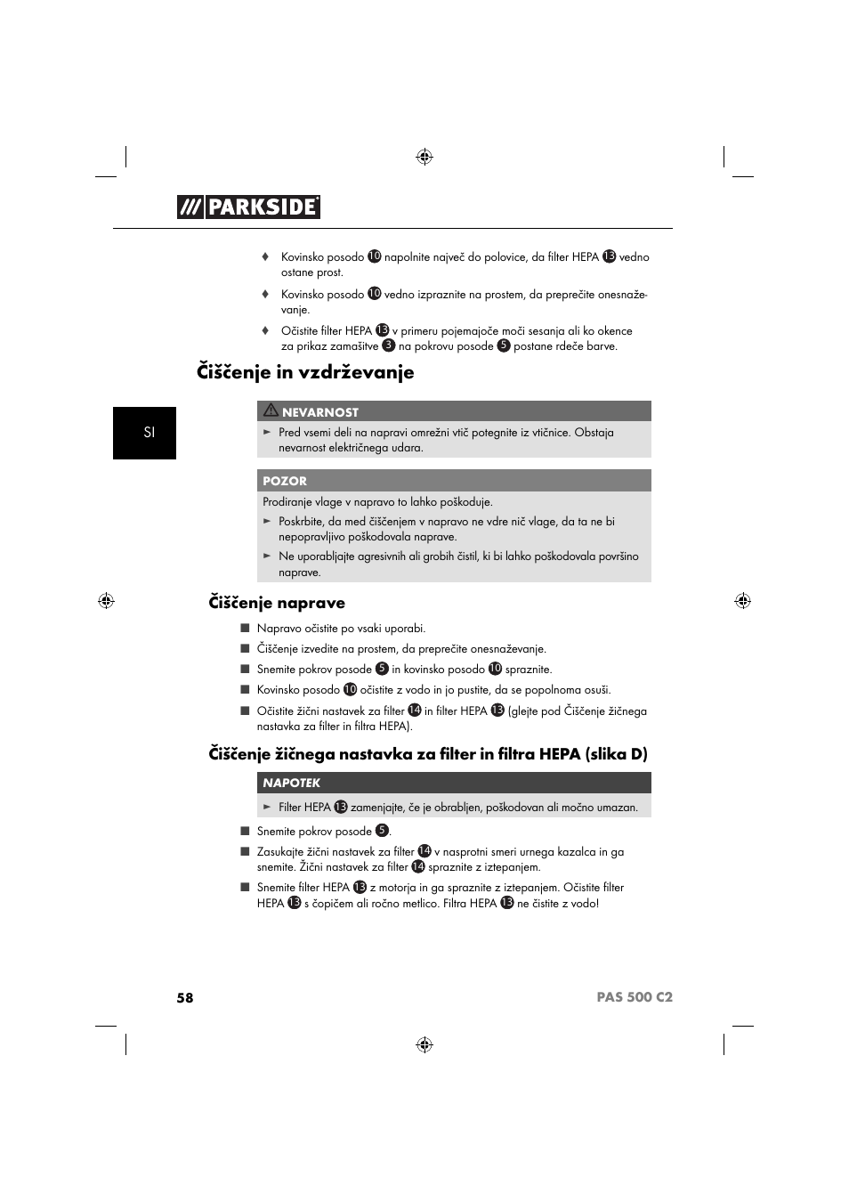 Čiščenje in vzdrževanje, Čiščenje naprave | Parkside PAS 500 C2 User Manual | Page 61 / 116