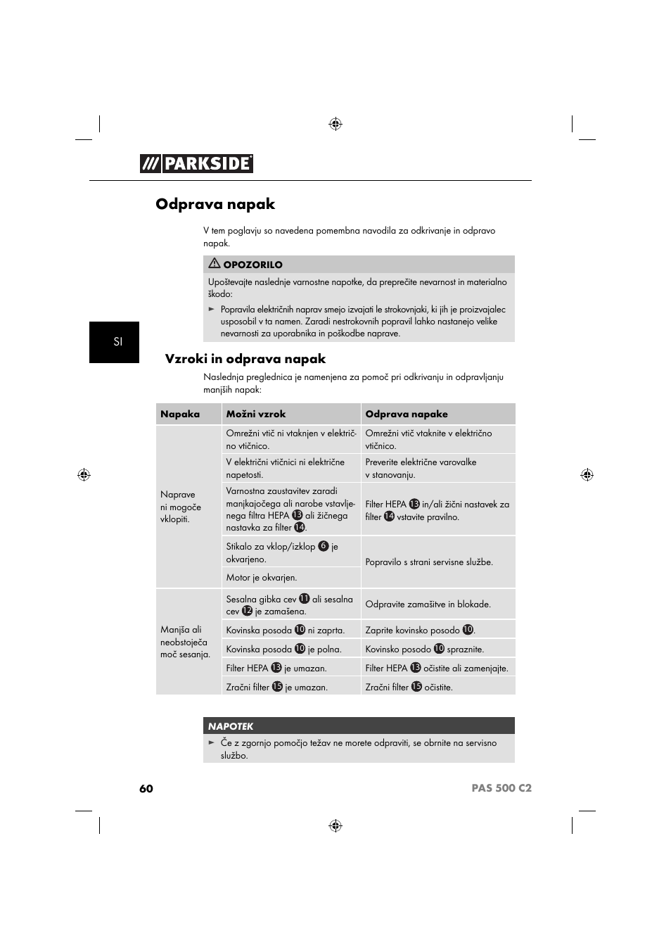 Odprava napak, Vzroki in odprava napak | Parkside PAS 500 C2 User Manual | Page 63 / 116