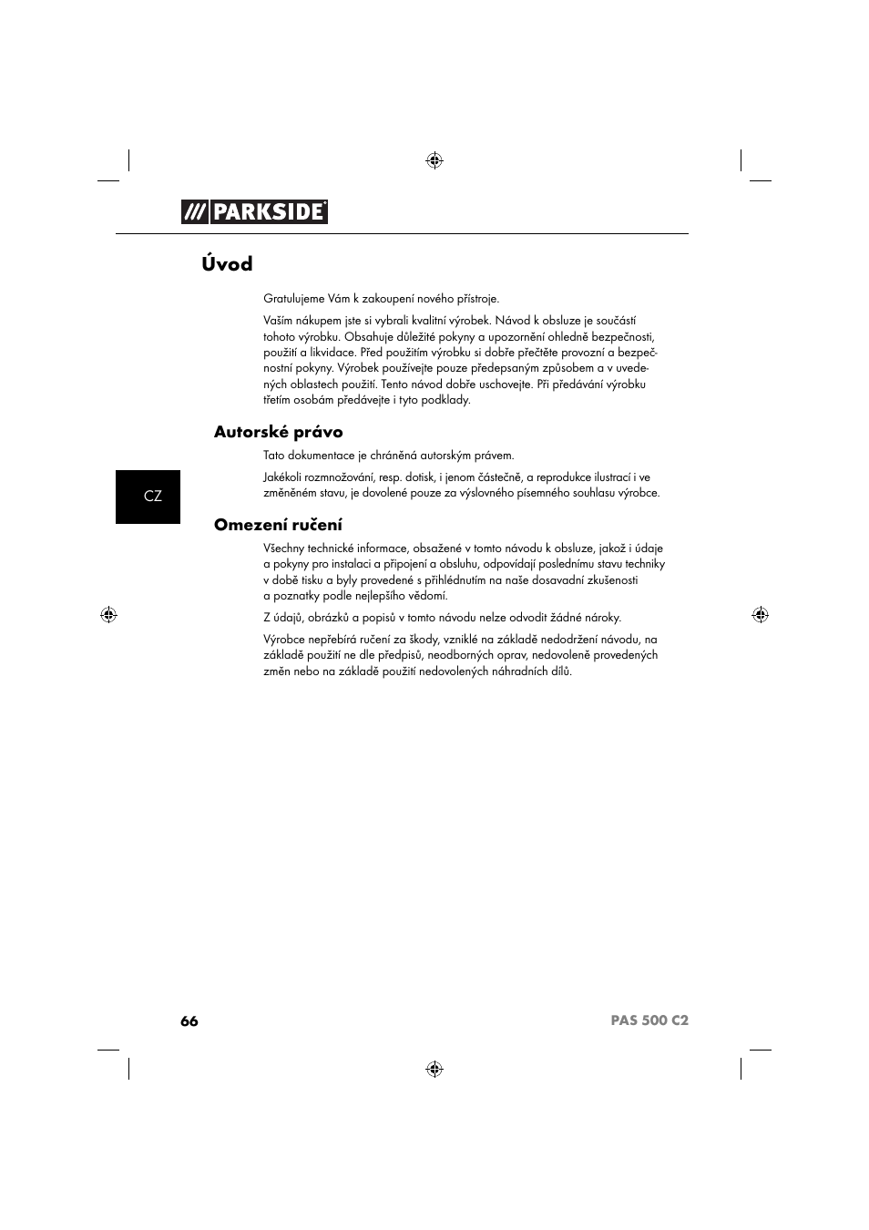 Úvod, Autorské právo, Omezení ručení | Parkside PAS 500 C2 User Manual | Page 69 / 116