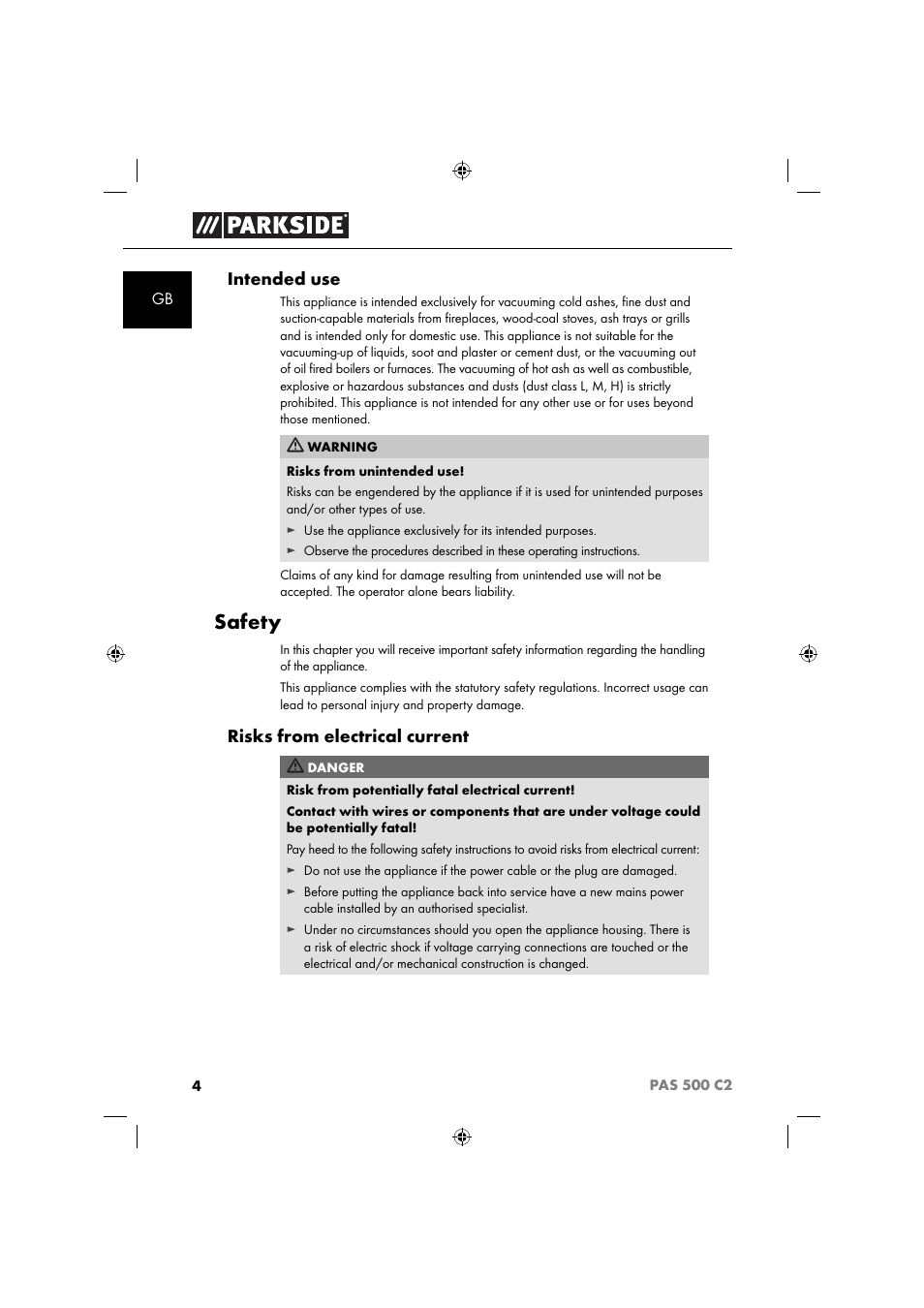 Safety, Intended use, Risks from electrical current | Parkside PAS 500 C2 User Manual | Page 7 / 116