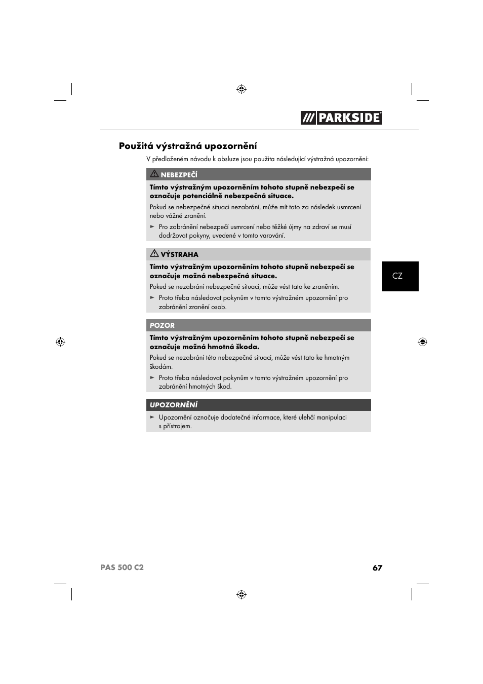 Použitá výstražná upozornění | Parkside PAS 500 C2 User Manual | Page 70 / 116