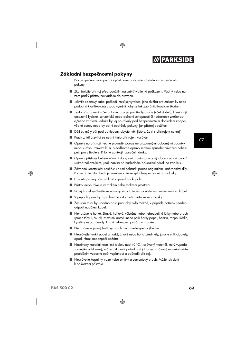 Základní bezpečnostní pokyny | Parkside PAS 500 C2 User Manual | Page 72 / 116