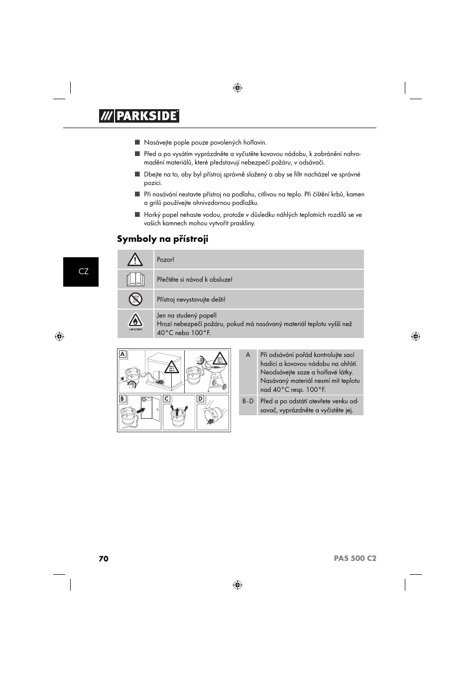 Symboly na přístroji | Parkside PAS 500 C2 User Manual | Page 73 / 116