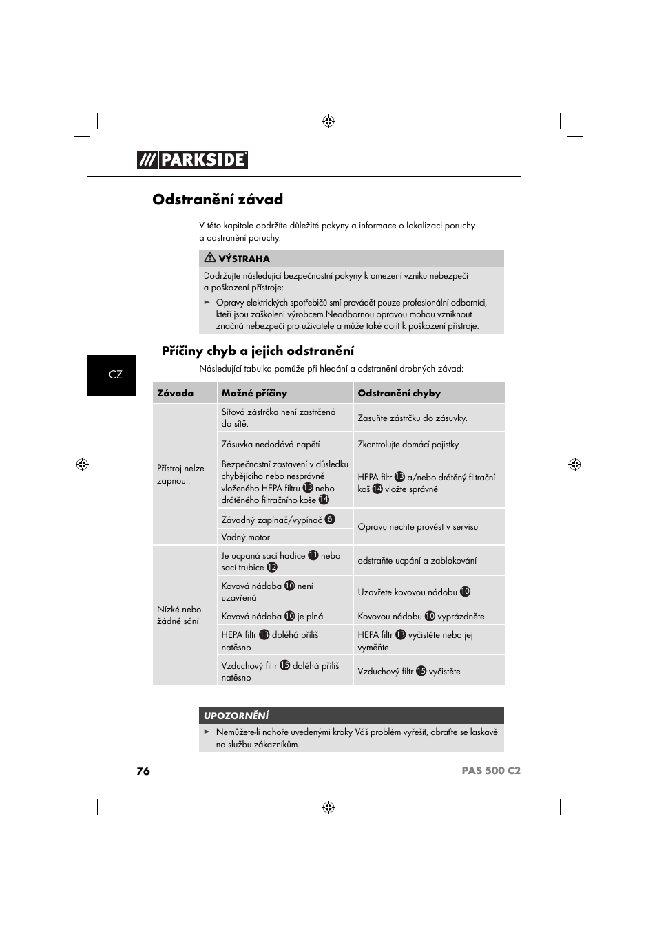 Odstranění závad, Příčiny chyb a jejich odstranění | Parkside PAS 500 C2 User Manual | Page 79 / 116