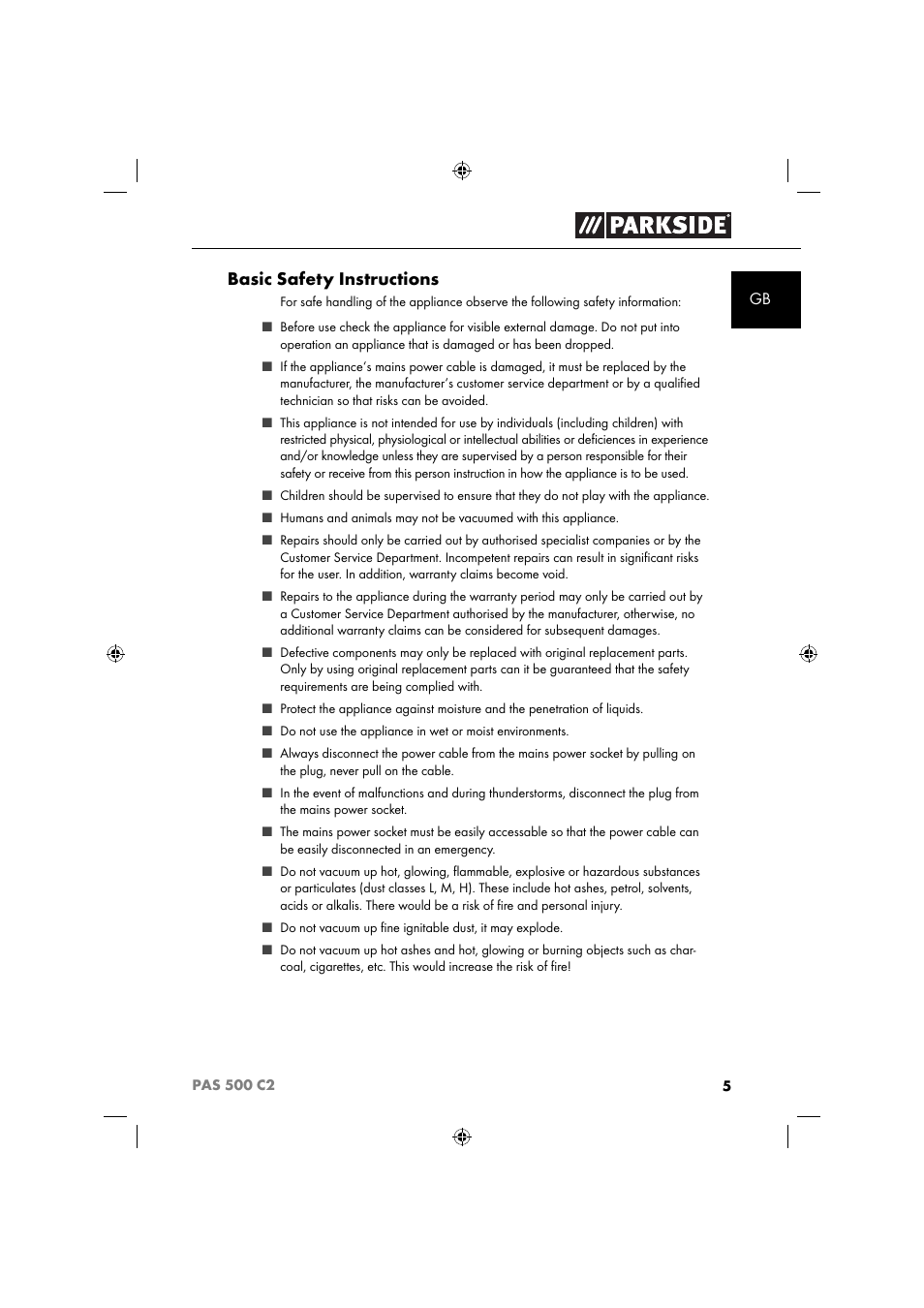 Basic safety instructions | Parkside PAS 500 C2 User Manual | Page 8 / 116