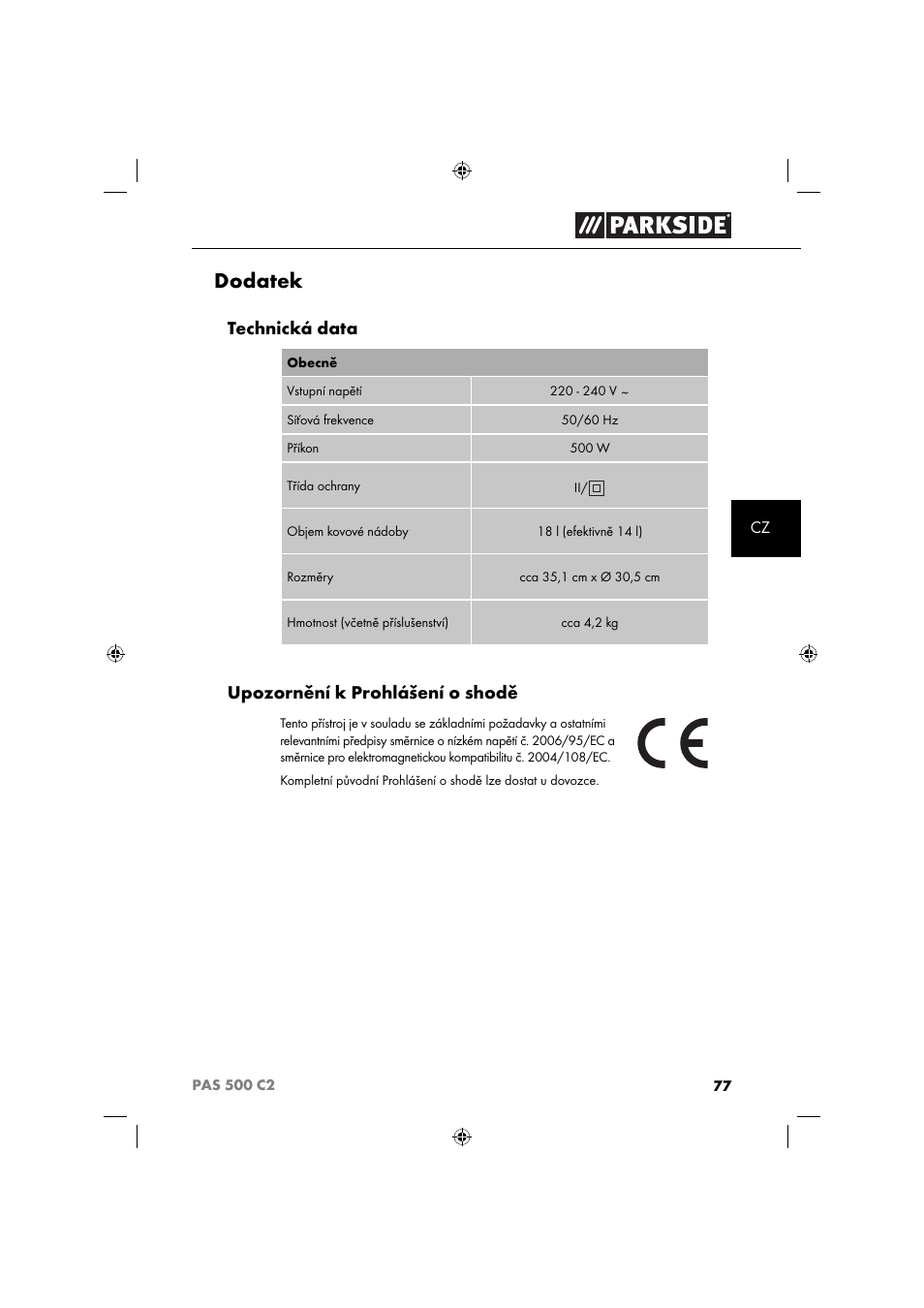 Dodatek, Technická data, Upozornění k prohlášení o shodě | Parkside PAS 500 C2 User Manual | Page 80 / 116