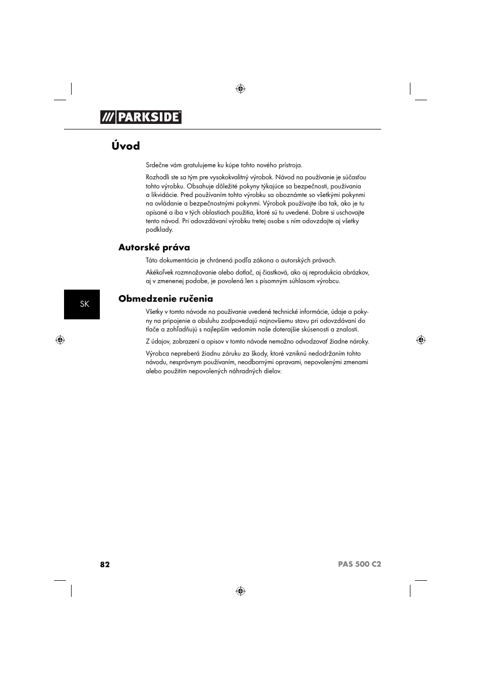 Úvod, Autorské práva, Obmedzenie ručenia | Parkside PAS 500 C2 User Manual | Page 85 / 116