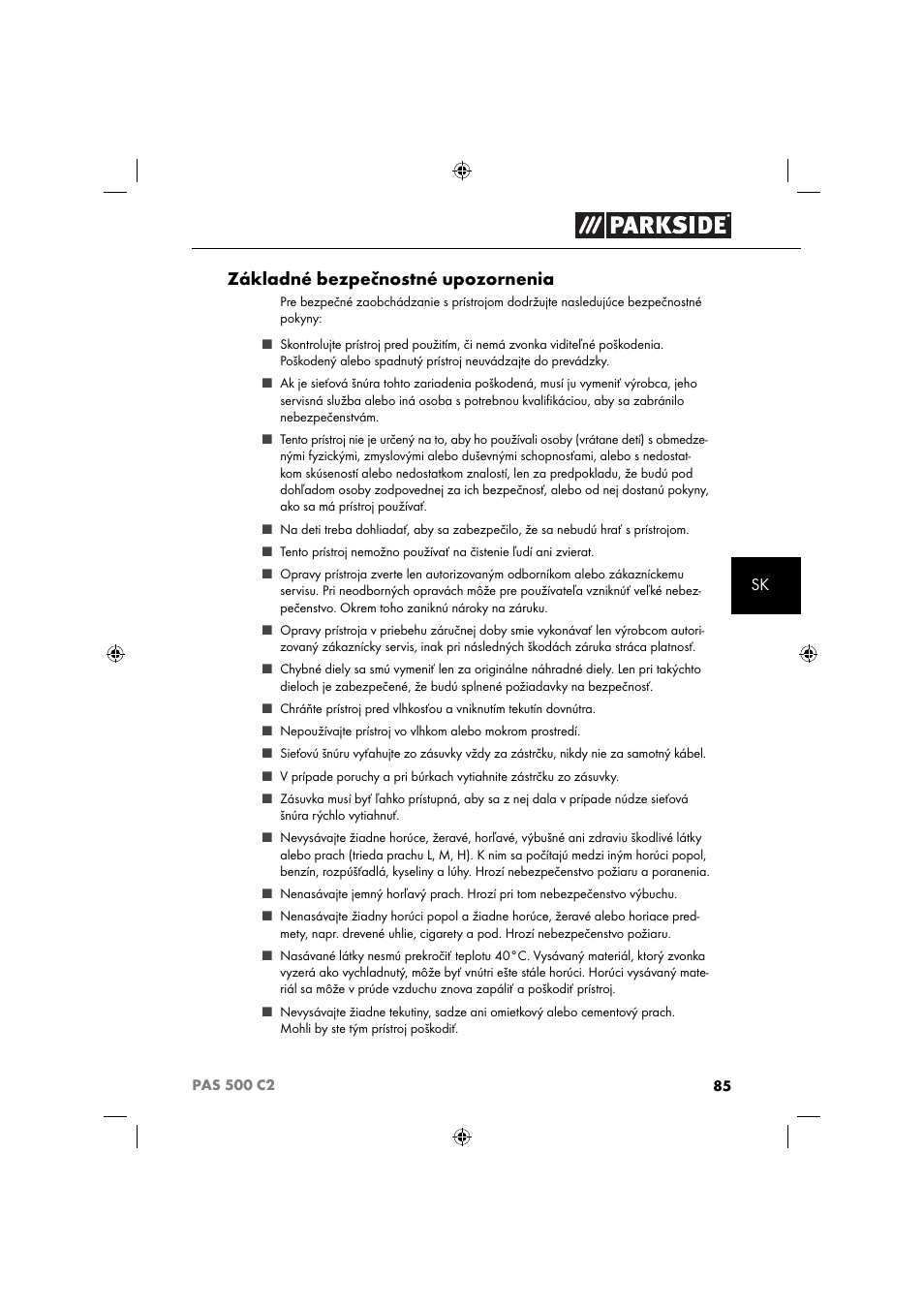 Základné bezpečnostné upozornenia | Parkside PAS 500 C2 User Manual | Page 88 / 116