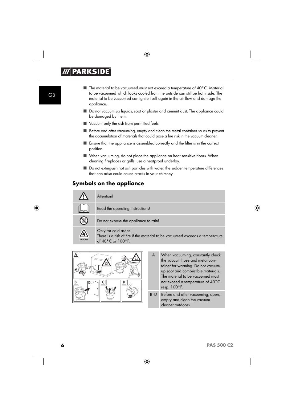 Symbols on the appliance | Parkside PAS 500 C2 User Manual | Page 9 / 116