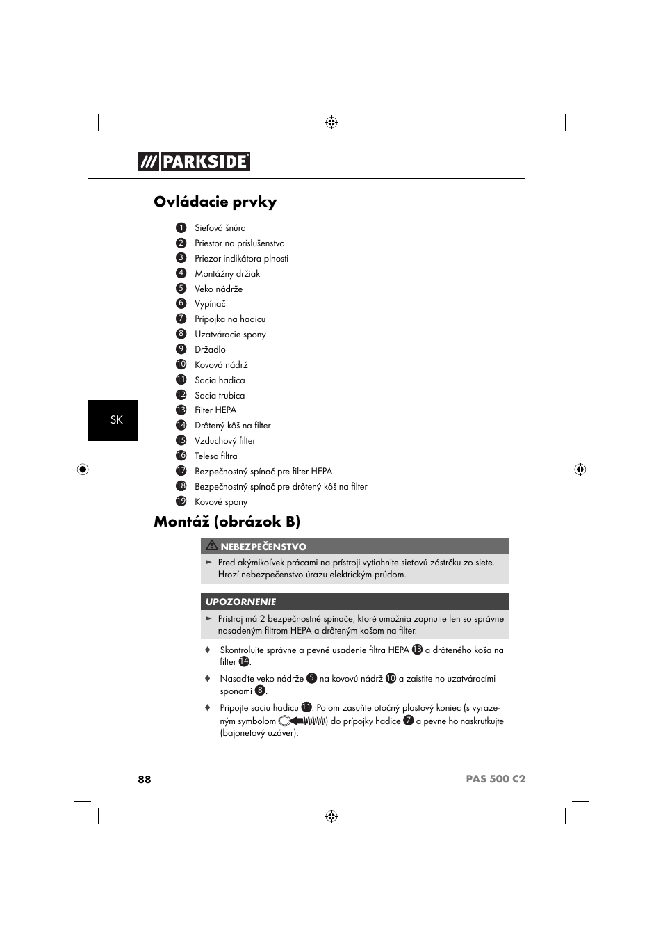 Ovládacie prvky, Montáž (obrázok b) | Parkside PAS 500 C2 User Manual | Page 91 / 116