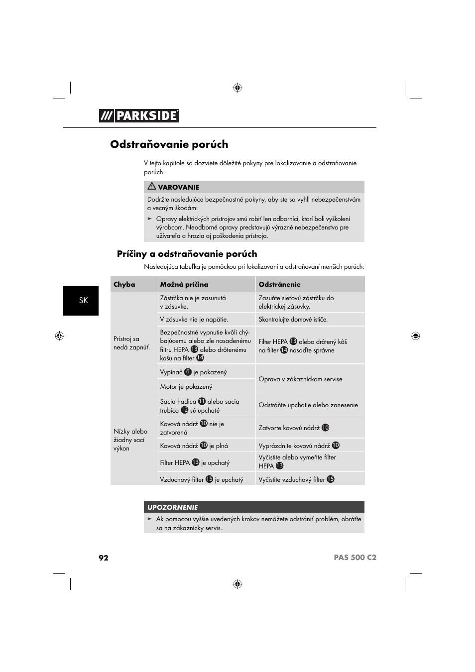 Odstraňovanie porúch, Príčiny a odstraňovanie porúch | Parkside PAS 500 C2 User Manual | Page 95 / 116