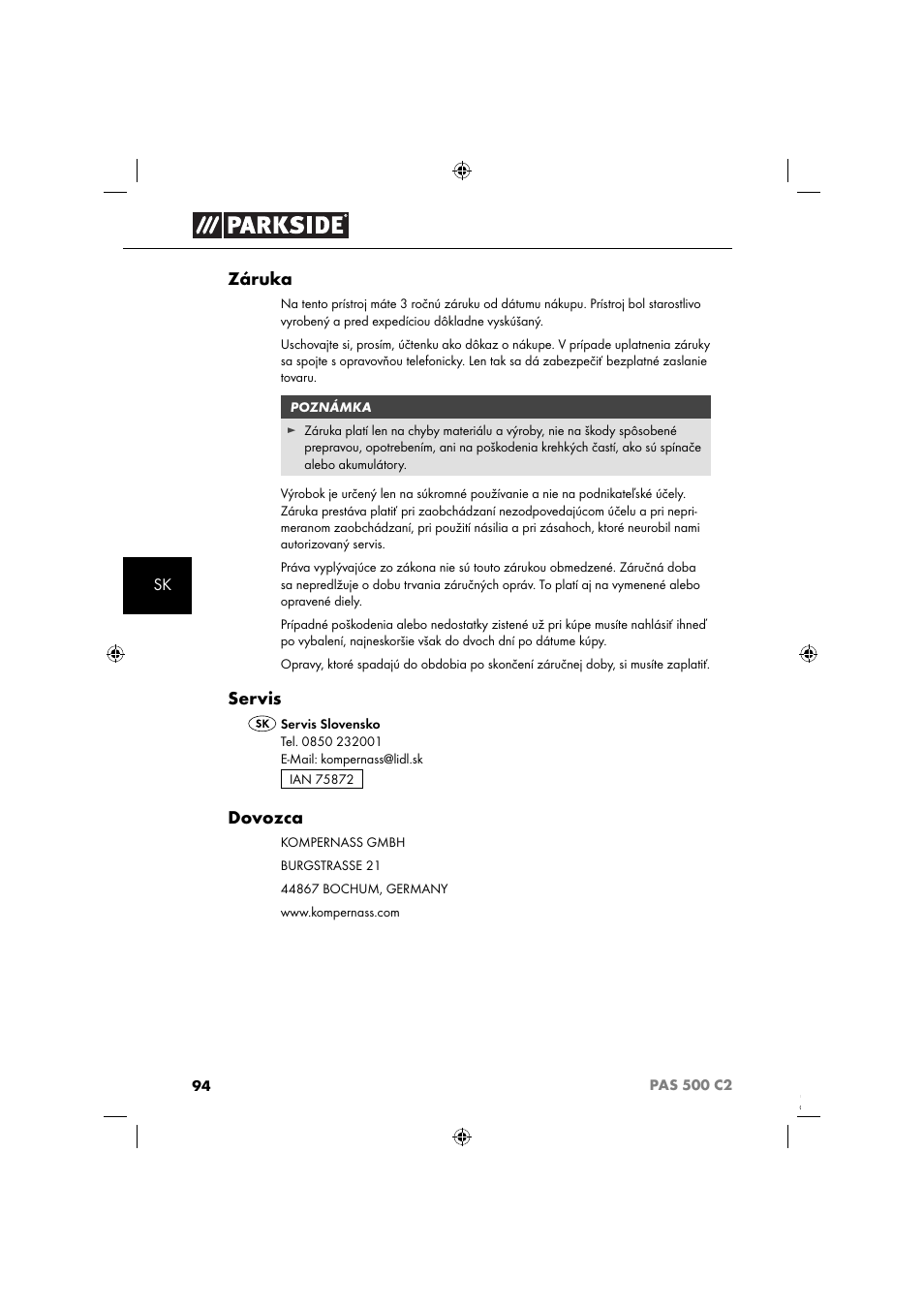 Záruka, Servis, Dovozca | Parkside PAS 500 C2 User Manual | Page 97 / 116