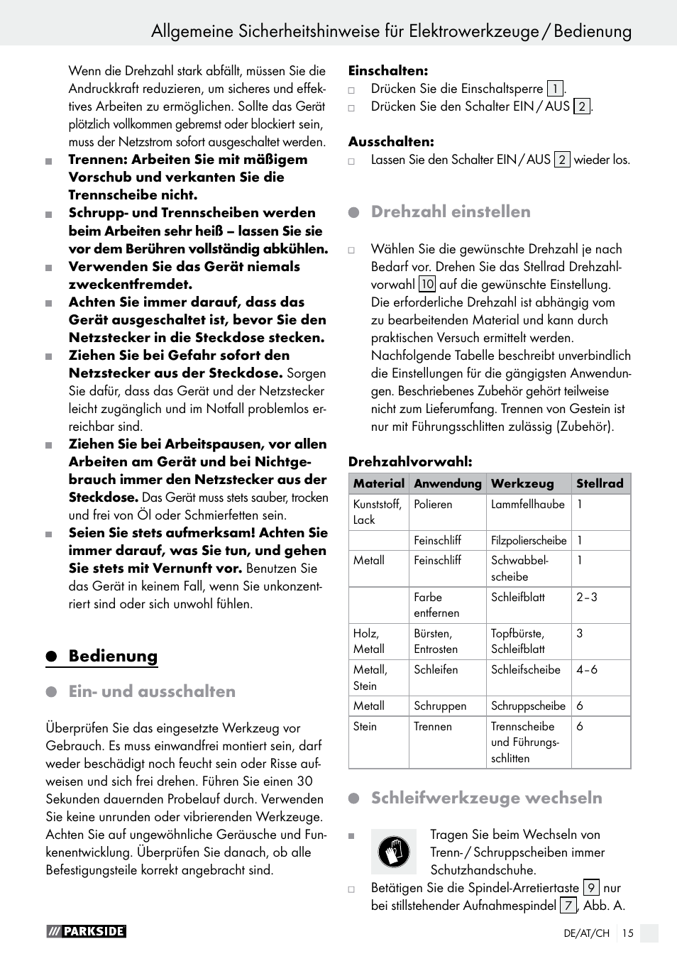 Bedienung ein- und ausschalten, Drehzahl einstellen, Schleifwerkzeuge wechseln | Parkside PWS 125 A1 User Manual | Page 15 / 67