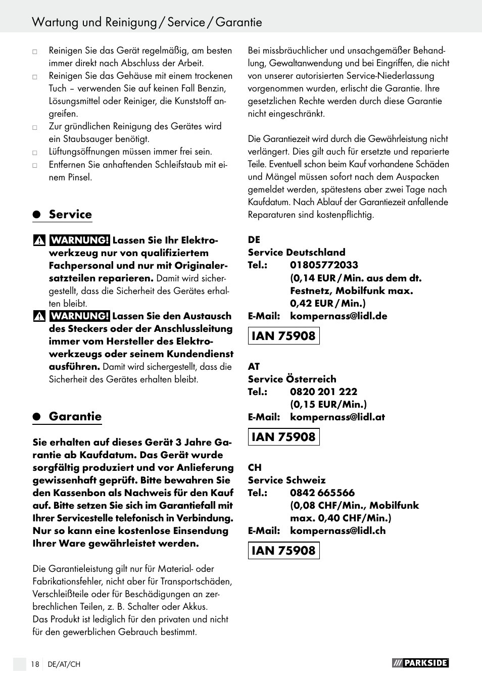 Service, Garantie | Parkside PWS 125 A1 User Manual | Page 18 / 67