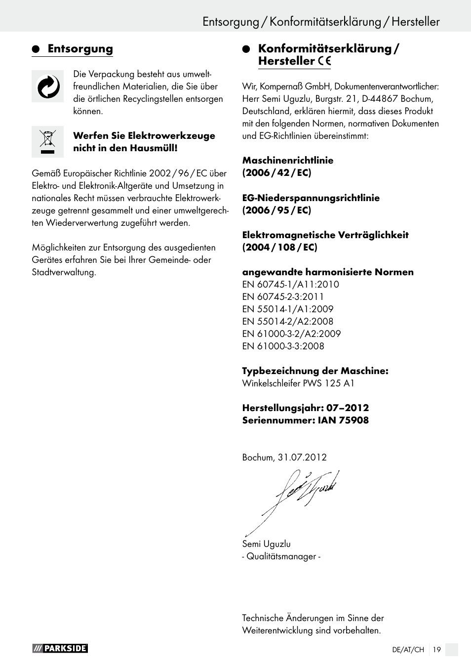 Parkside PWS 125 A1 User Manual | Page 19 / 67