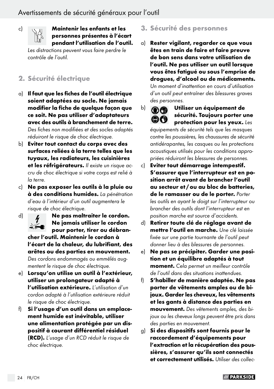 Avertissements de sécurité généraux pour l’outil, Sécurité électrique, Sécurité des personnes | Parkside PWS 125 A1 User Manual | Page 24 / 67