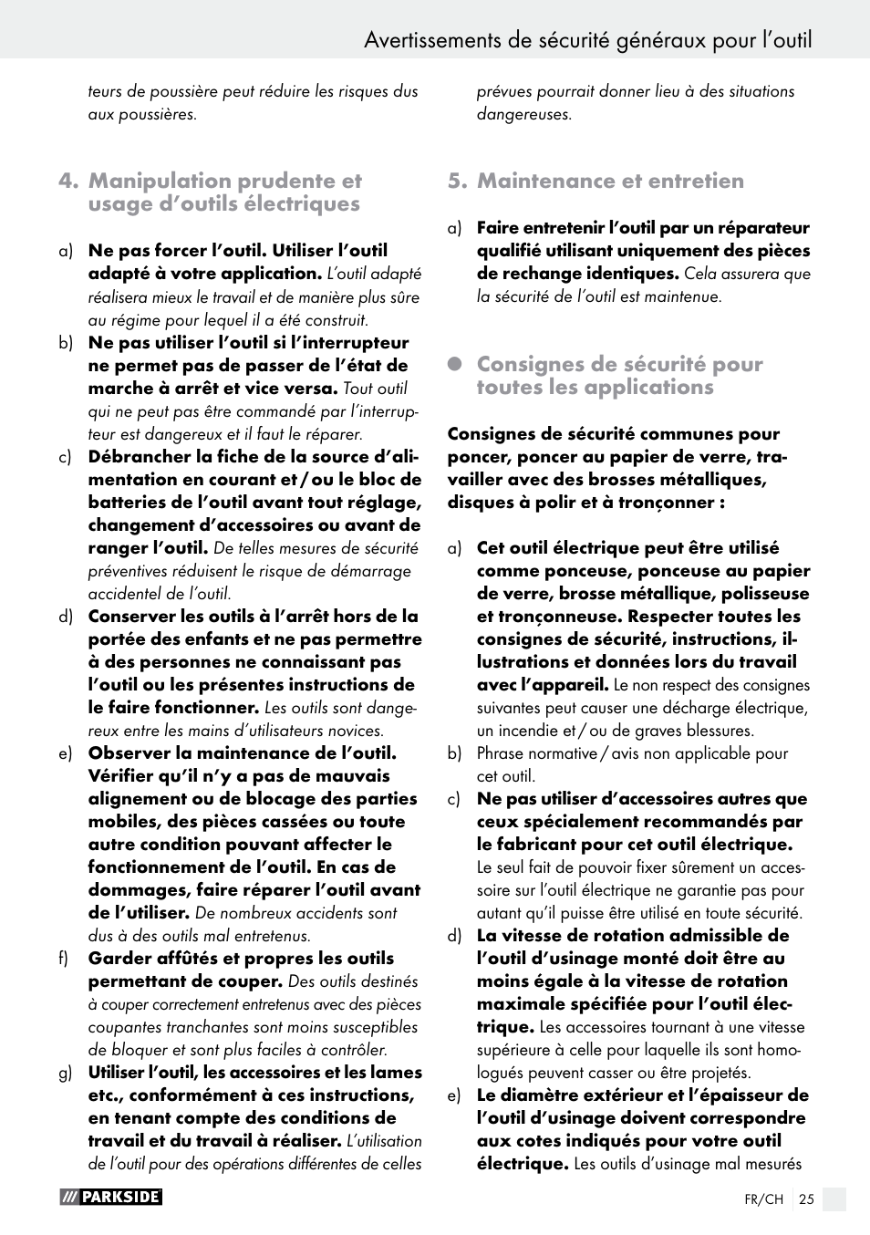 Avertissements de sécurité généraux pour l’outil | Parkside PWS 125 A1 User Manual | Page 25 / 67