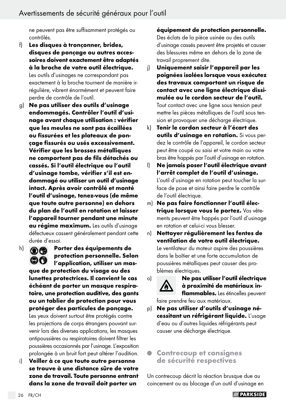 Avertissements de sécurité généraux pour l’outil, Contrecoup et consignes de sécurité respectives | Parkside PWS 125 A1 User Manual | Page 26 / 67