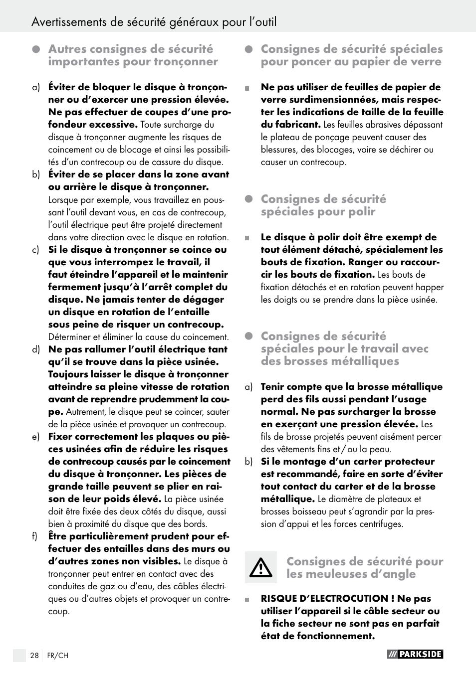 Avertissements de sécurité généraux pour l’outil | Parkside PWS 125 A1 User Manual | Page 28 / 67