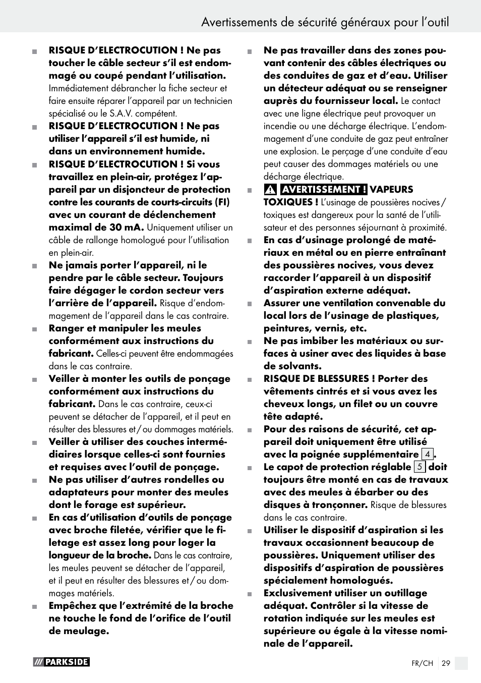 Avertissements de sécurité généraux pour l’outil | Parkside PWS 125 A1 User Manual | Page 29 / 67