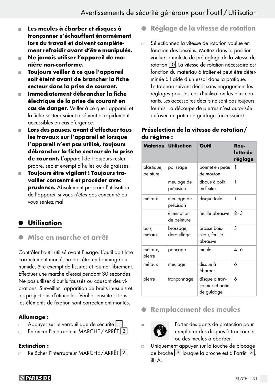 Utilisation, Mise en marche et arrêt, Réglage de la vitesse de rotation | Remplacement des meules | Parkside PWS 125 A1 User Manual | Page 31 / 67