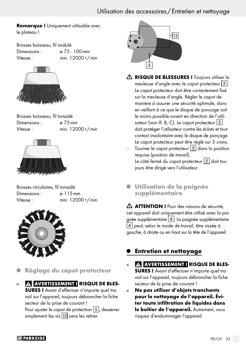 Réglage du capot protecteur, Utilisation de la poignée supplémentaire, Entretien et nettoyage | Parkside PWS 125 A1 User Manual | Page 33 / 67