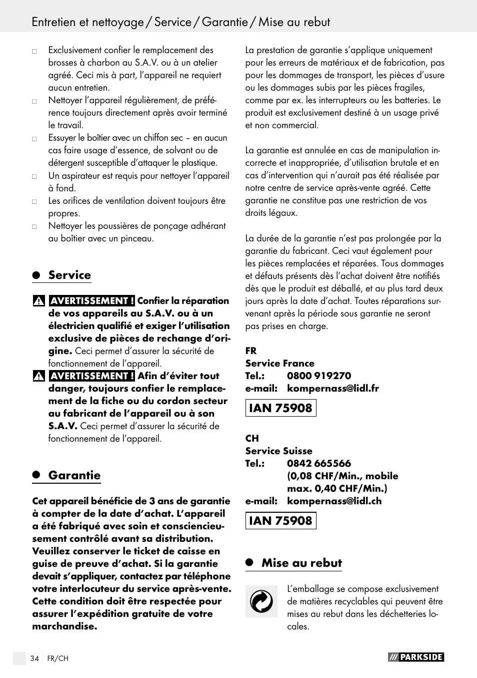 Service, Garantie, Mise au rebut | Parkside PWS 125 A1 User Manual | Page 34 / 67