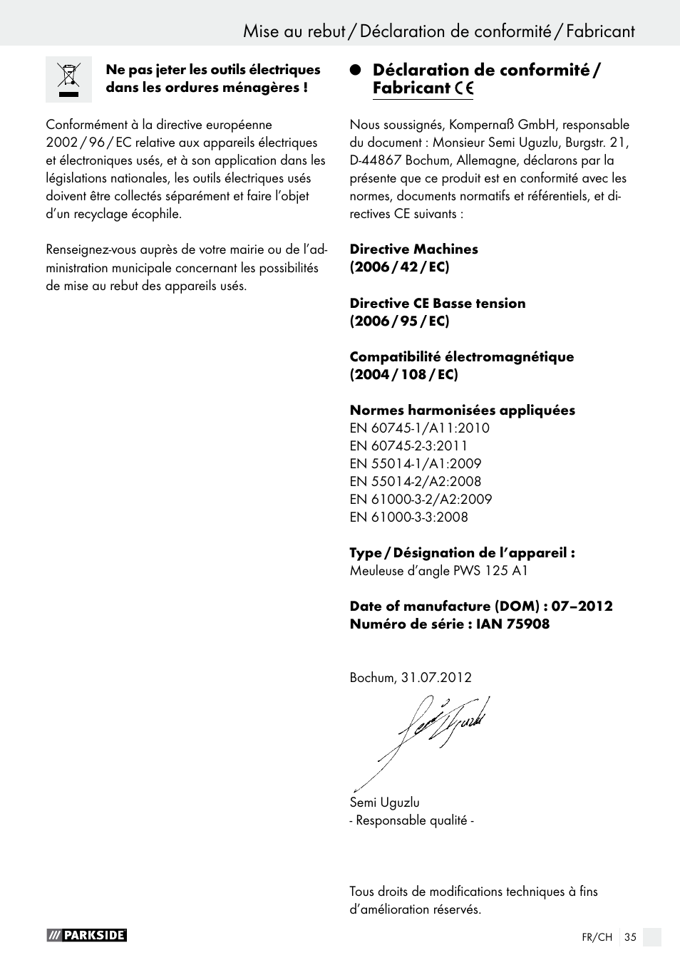 Déclaration de conformité / fabricant | Parkside PWS 125 A1 User Manual | Page 35 / 67