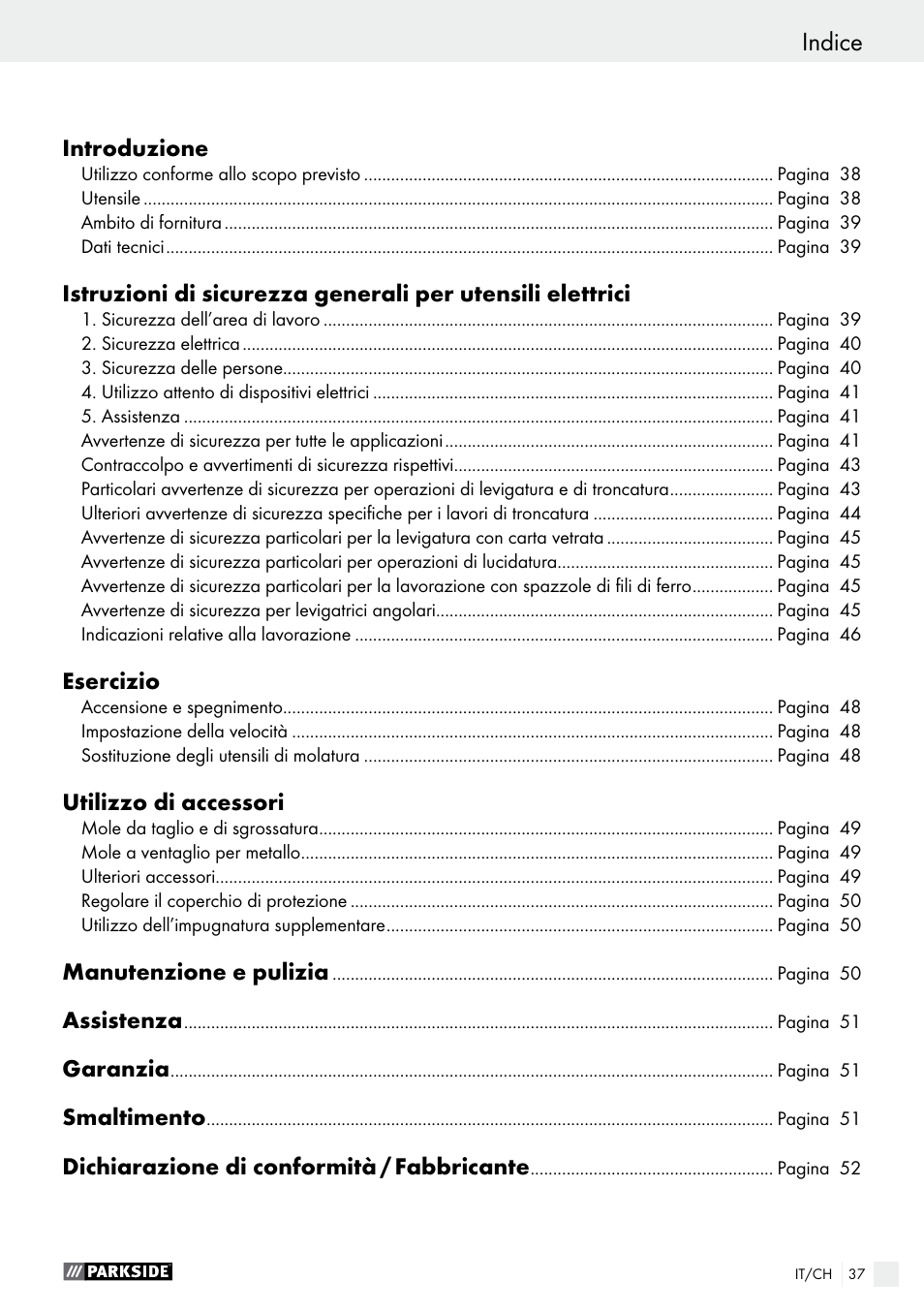 Indice | Parkside PWS 125 A1 User Manual | Page 37 / 67