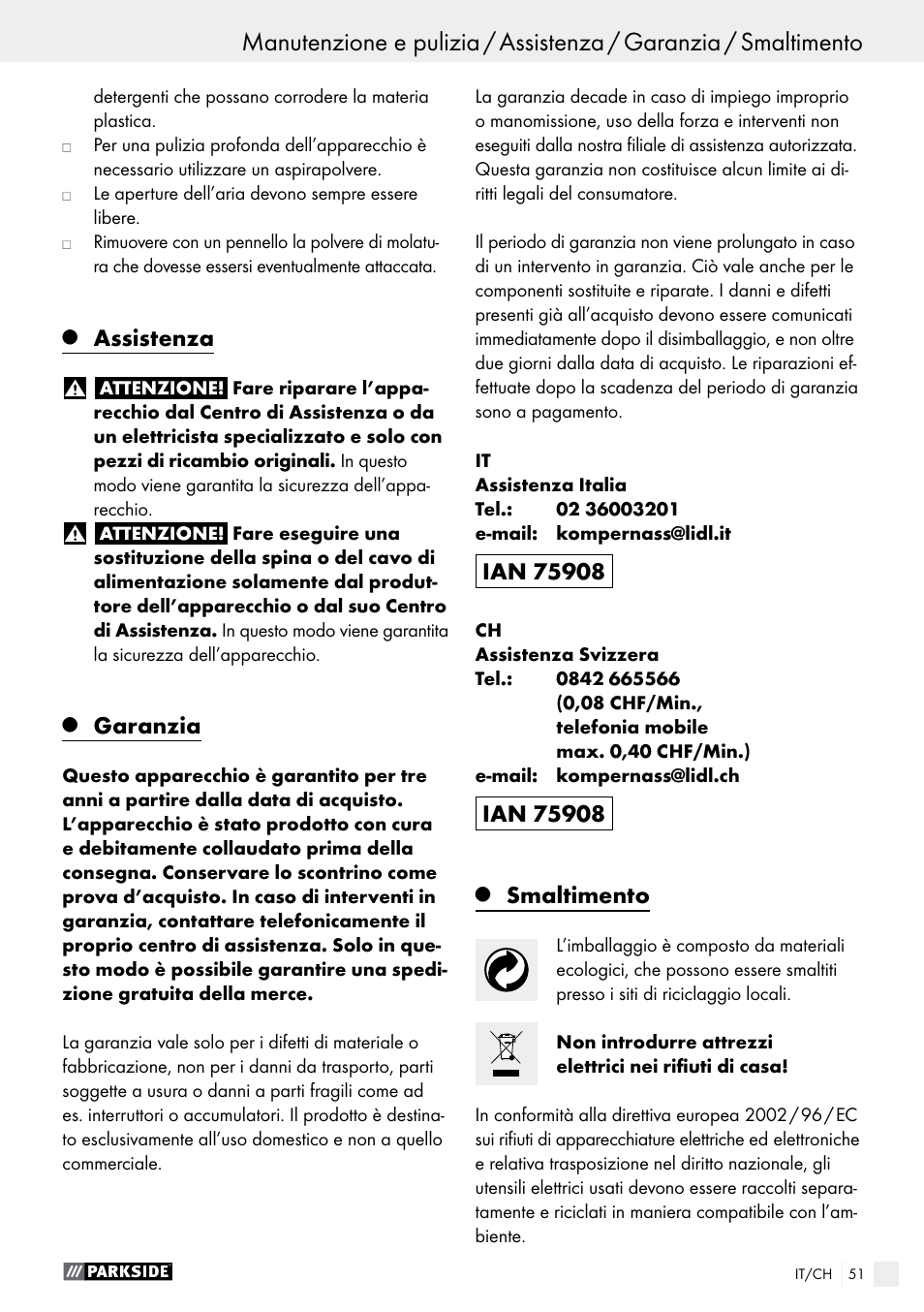 Assistenza, Garanzia, Smaltimento | Parkside PWS 125 A1 User Manual | Page 51 / 67