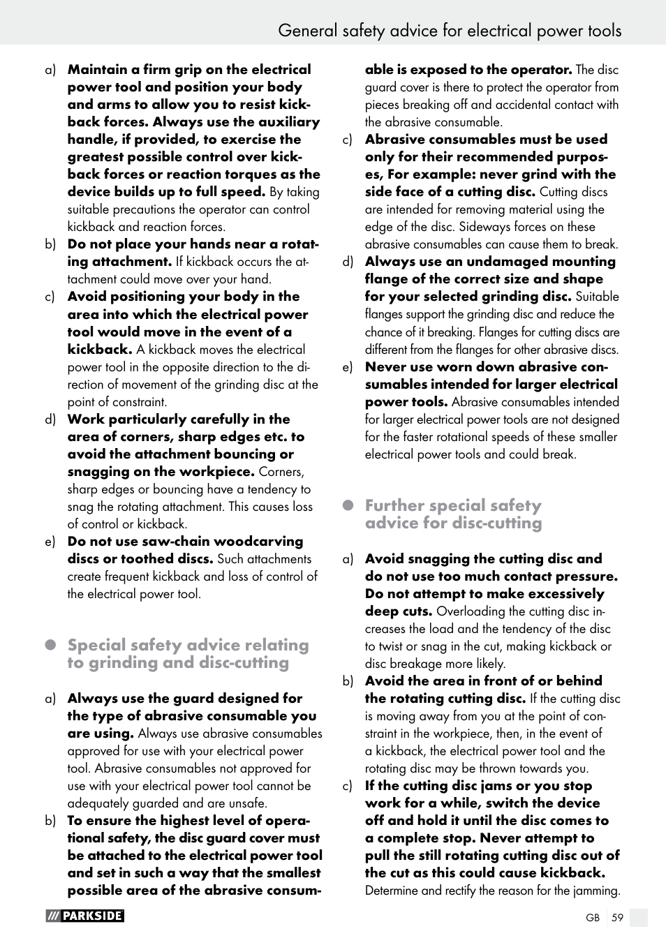 General safety advice for electrical power tools, Further special safety advice for disc-cutting | Parkside PWS 125 A1 User Manual | Page 59 / 67