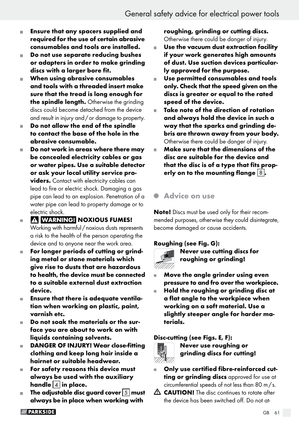 General safety advice for electrical power tools, Advice on use | Parkside PWS 125 A1 User Manual | Page 61 / 67