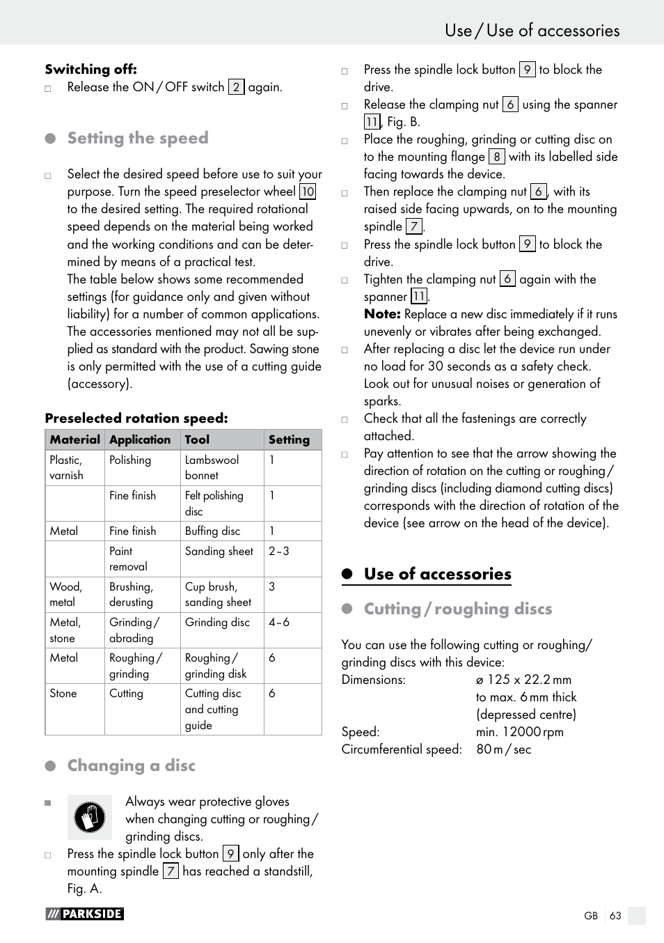Setting the speed, Changing a disc, Use of accessories | Cutting / roughing discs | Parkside PWS 125 A1 User Manual | Page 63 / 67