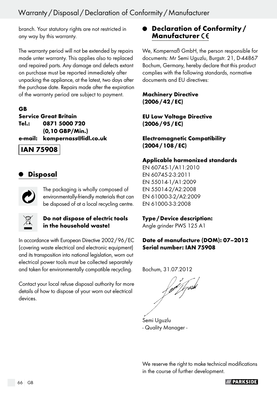 Disposal, Declaration of conformity / manufacturer | Parkside PWS 125 A1 User Manual | Page 66 / 67