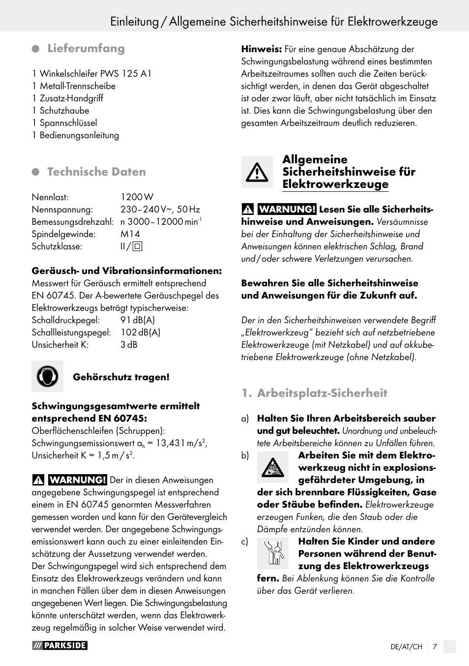 Lieferumfang, Technische daten, Arbeitsplatz-sicherheit | Parkside PWS 125 A1 User Manual | Page 7 / 67