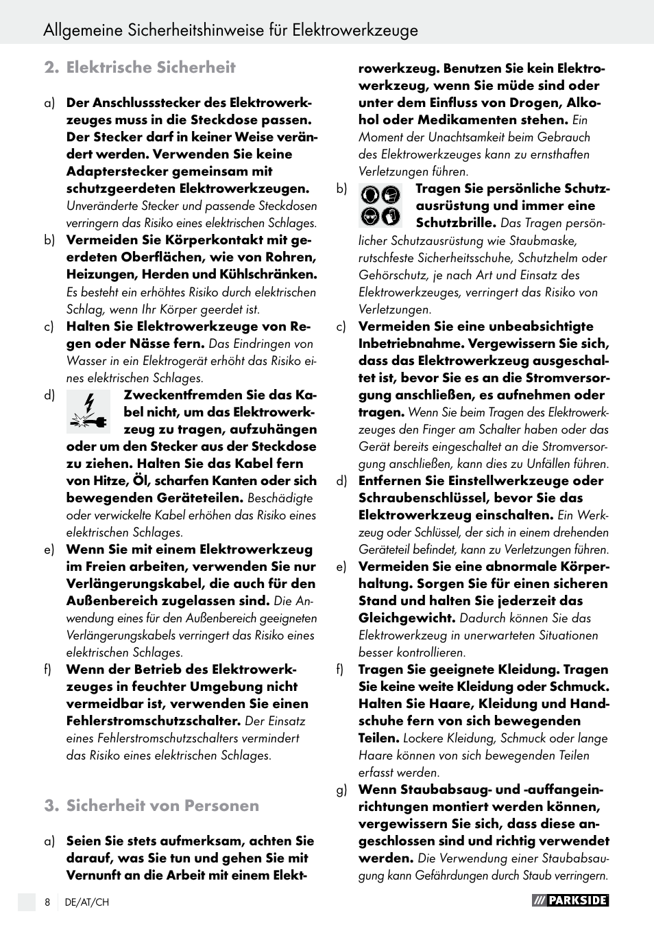 Elektrische sicherheit, Sicherheit von personen | Parkside PWS 125 A1 User Manual | Page 8 / 67