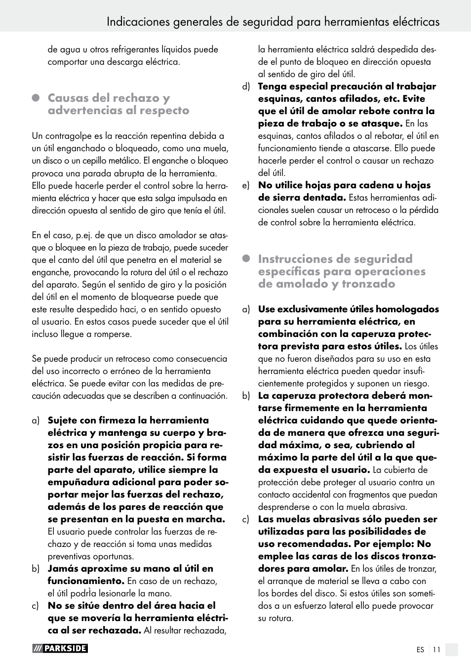 Causas del rechazo y advertencias al respecto | Parkside PWS 125 A1 User Manual | Page 11 / 82