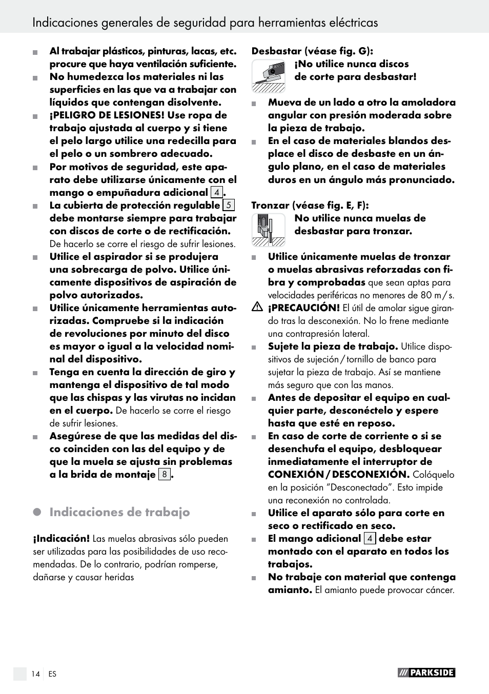 Indicaciones de trabajo | Parkside PWS 125 A1 User Manual | Page 14 / 82