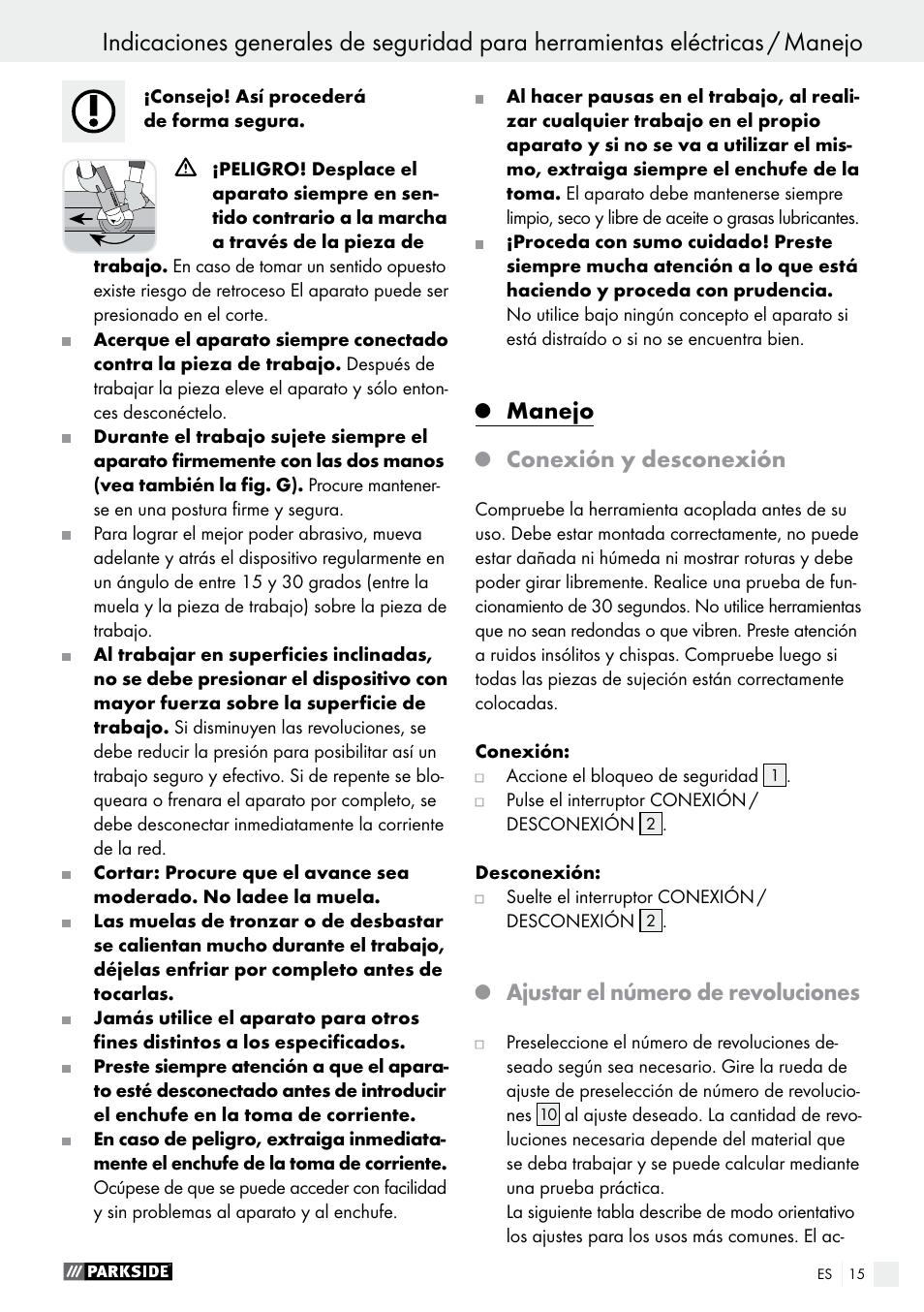 Manejo, Conexión y desconexión, Ajustar el número de revoluciones | Parkside PWS 125 A1 User Manual | Page 15 / 82