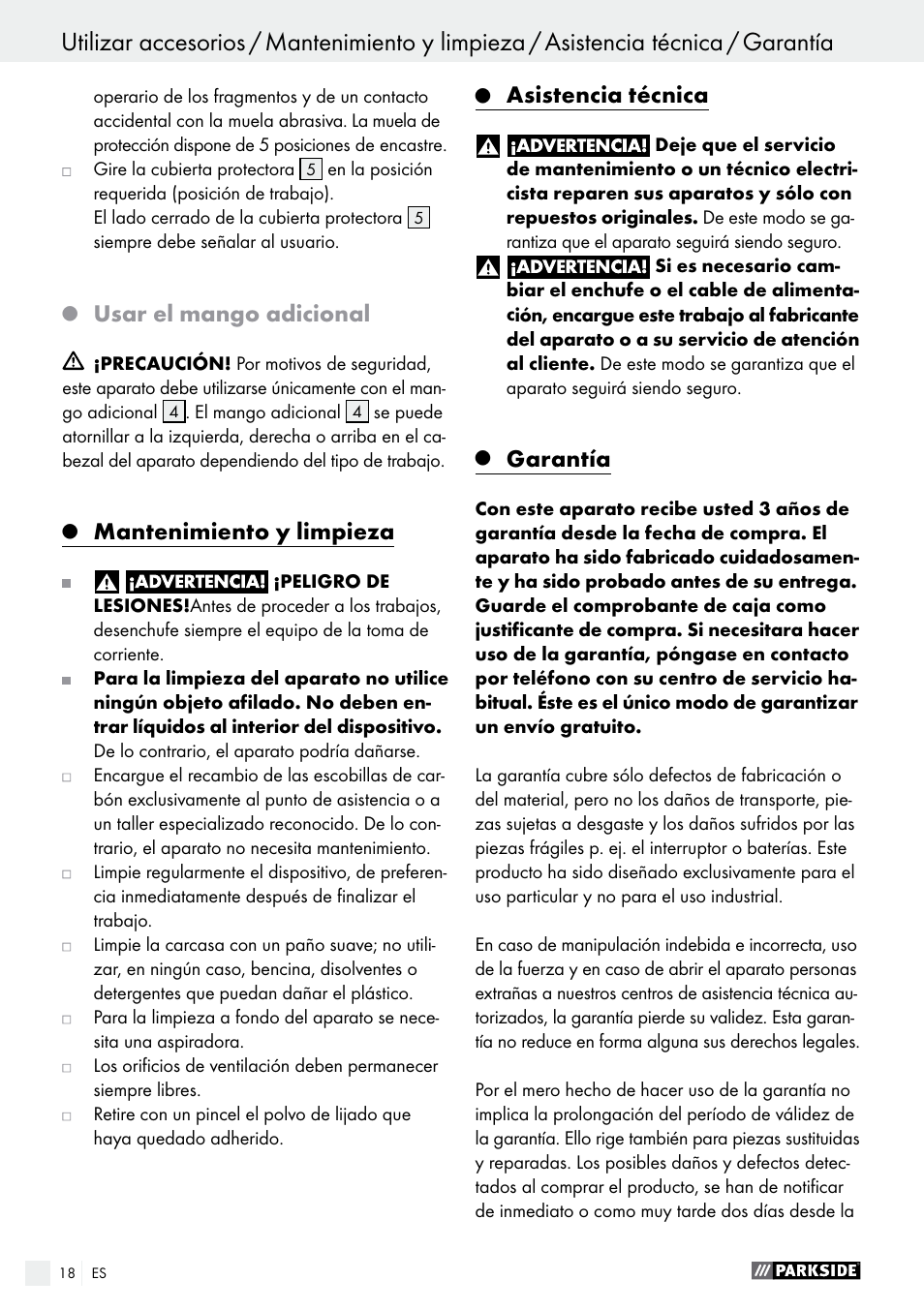 Usar el mango adicional, Mantenimiento y limpieza, Asistencia técnica | Garantía | Parkside PWS 125 A1 User Manual | Page 18 / 82