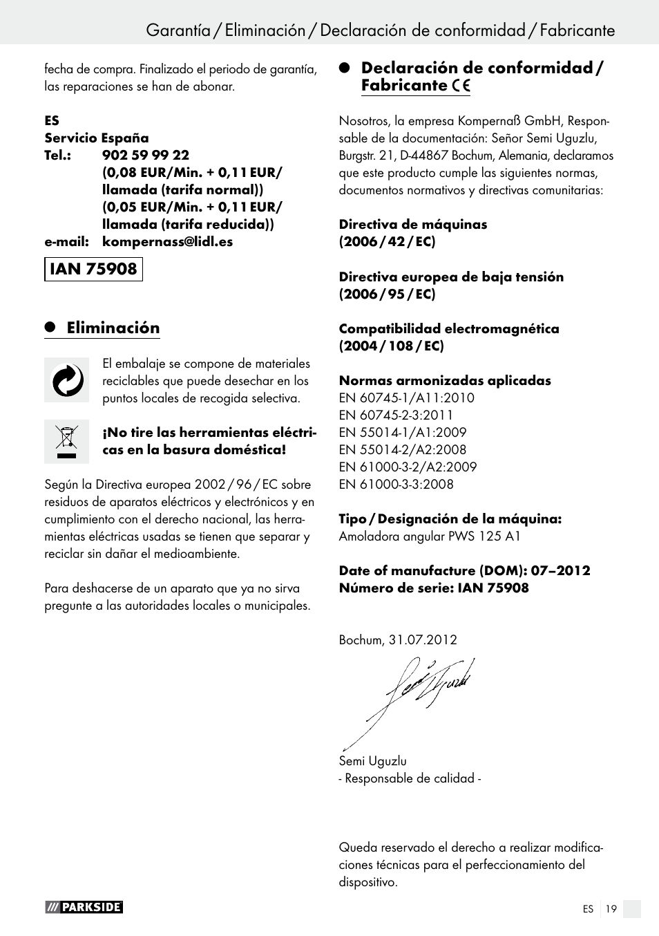 Eliminación, Declaración de conformidad / fabricante | Parkside PWS 125 A1 User Manual | Page 19 / 82