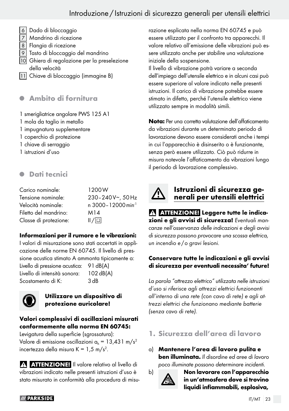 Ambito di fornitura, Dati tecnici, Sicurezza dell’area di lavoro | Parkside PWS 125 A1 User Manual | Page 23 / 82