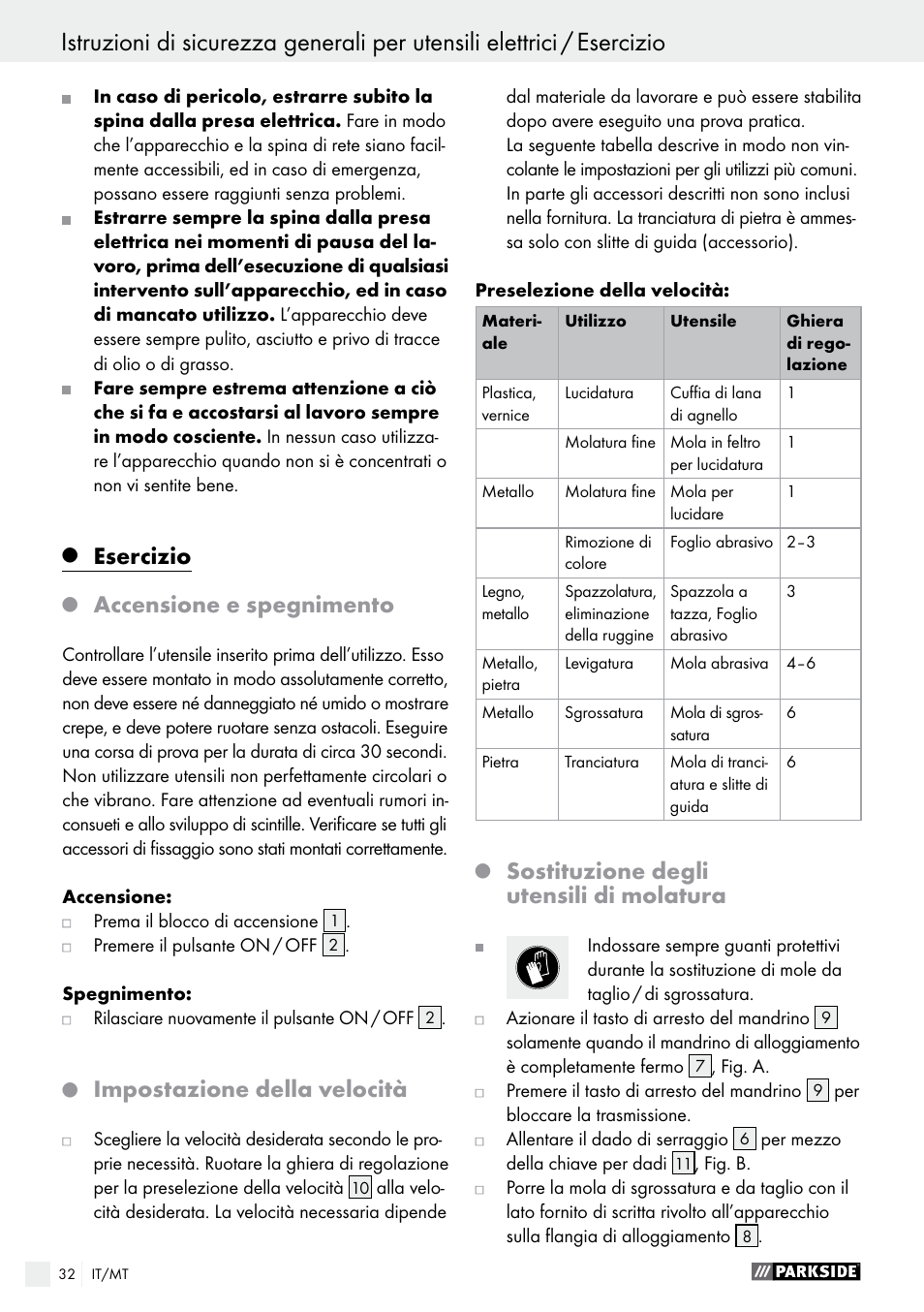 Esercizio, Accensione e spegnimento, Impostazione della velocità | Sostituzione degli utensili di molatura | Parkside PWS 125 A1 User Manual | Page 32 / 82