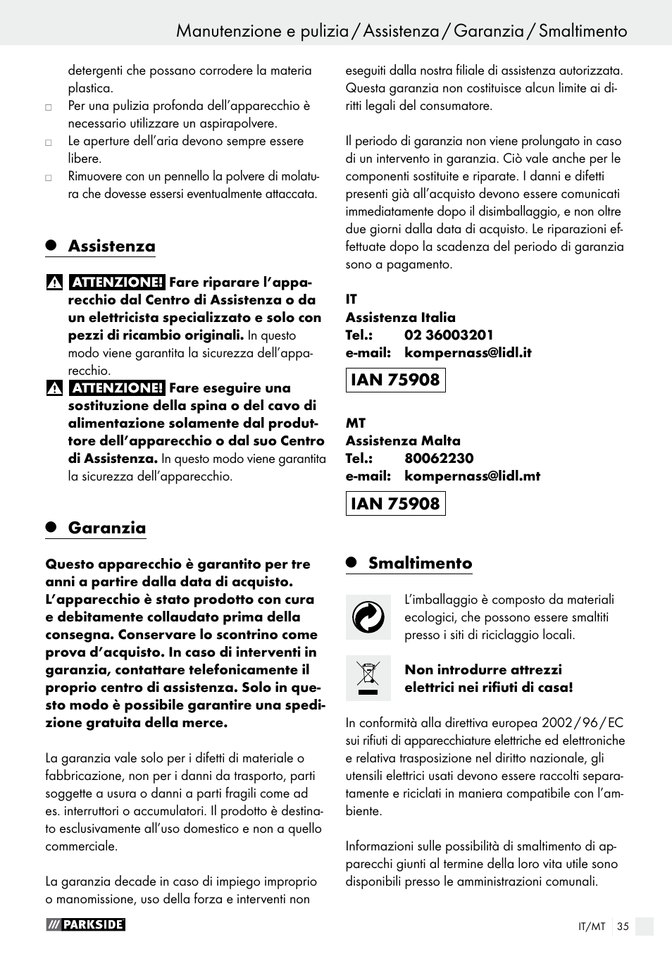 Assistenza, Garanzia, Smaltimento | Parkside PWS 125 A1 User Manual | Page 35 / 82