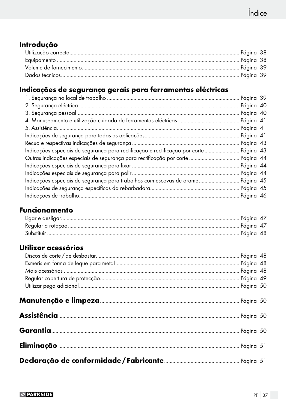 Índice, Dichiarazione di conformità / fabbricante | Parkside PWS 125 A1 User Manual | Page 37 / 82
