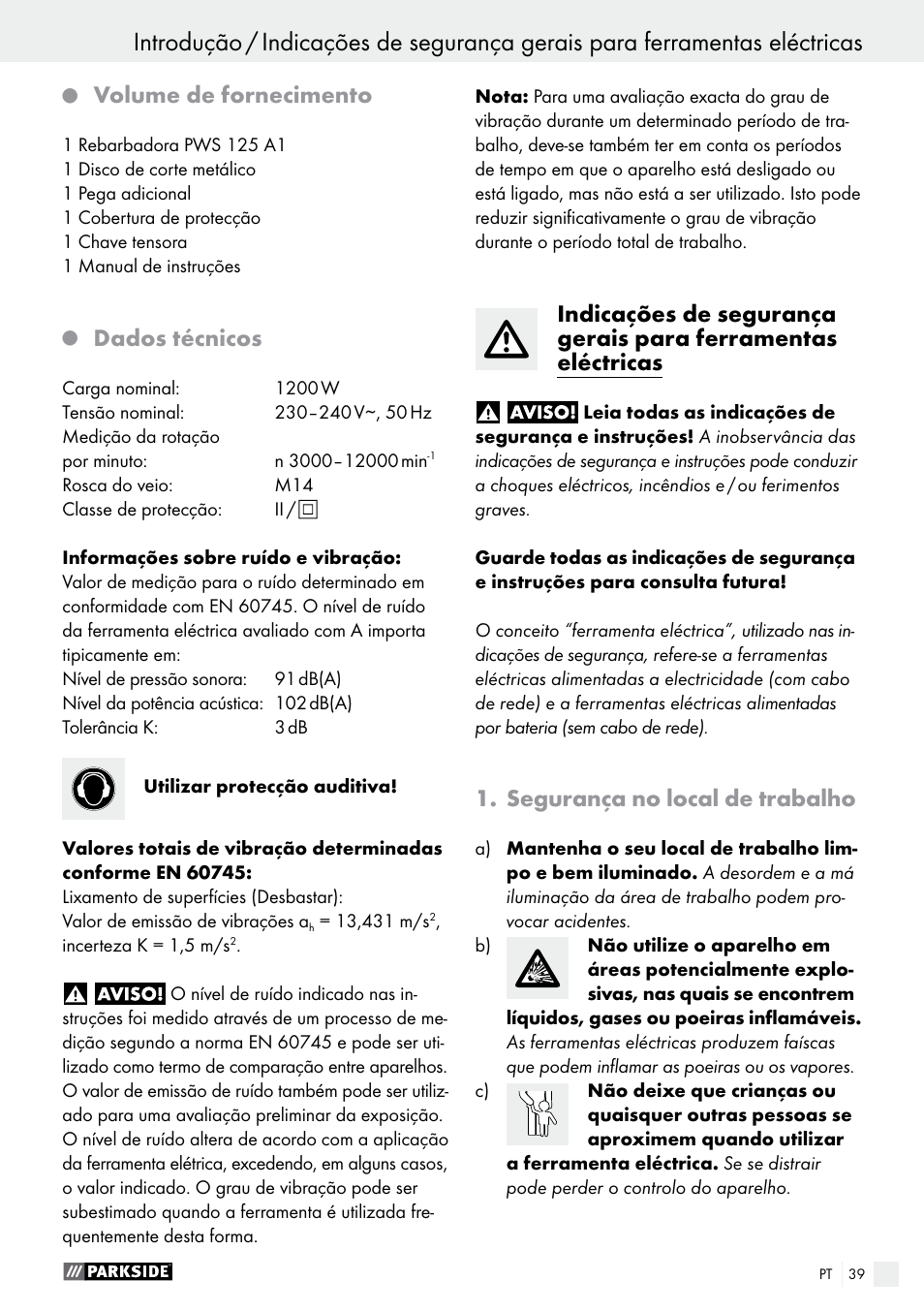 Volume de fornecimento, Dados técnicos, Segurança no local de trabalho | Parkside PWS 125 A1 User Manual | Page 39 / 82